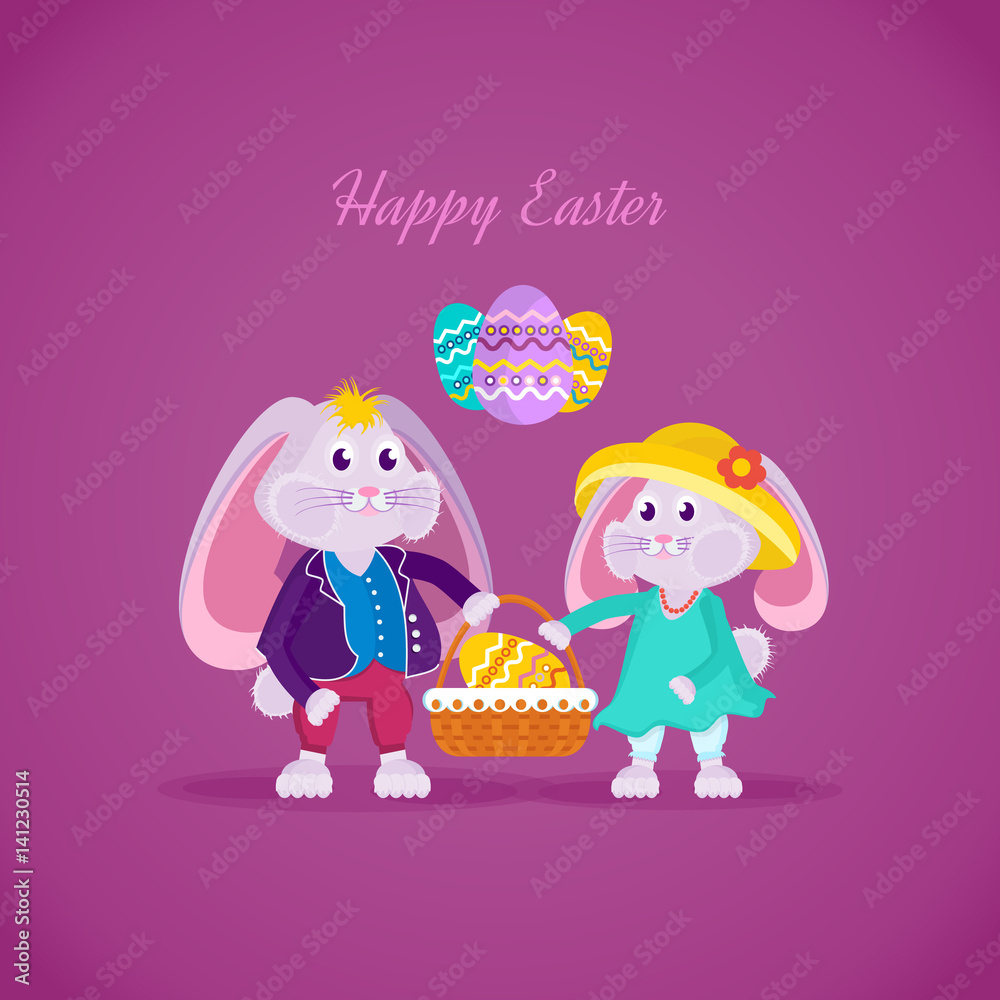 Fototapeta premium Lovely beautiful rabbits holding a basket with a Easter egg.