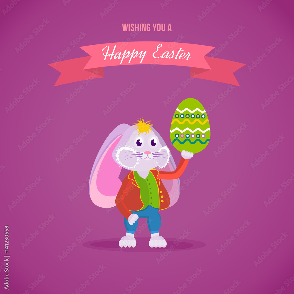 Fototapeta premium Rabbit in clothes, holding an Easter egg in his hand.