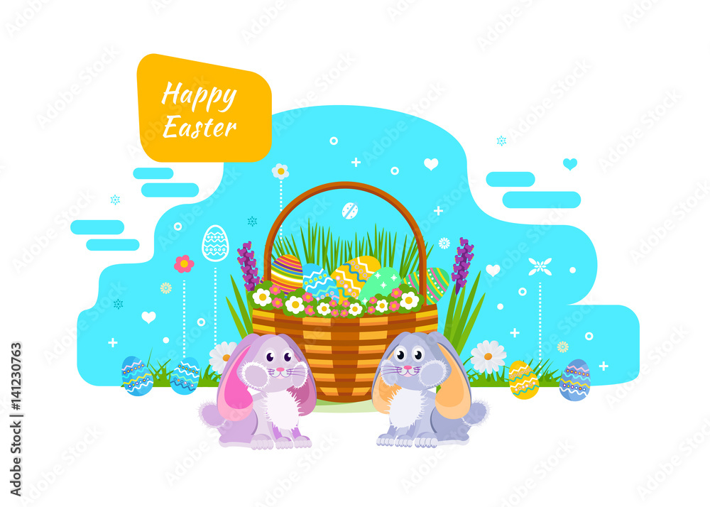 Obraz premium Two lovely festive rabbits, near the basket with Easter eggs.