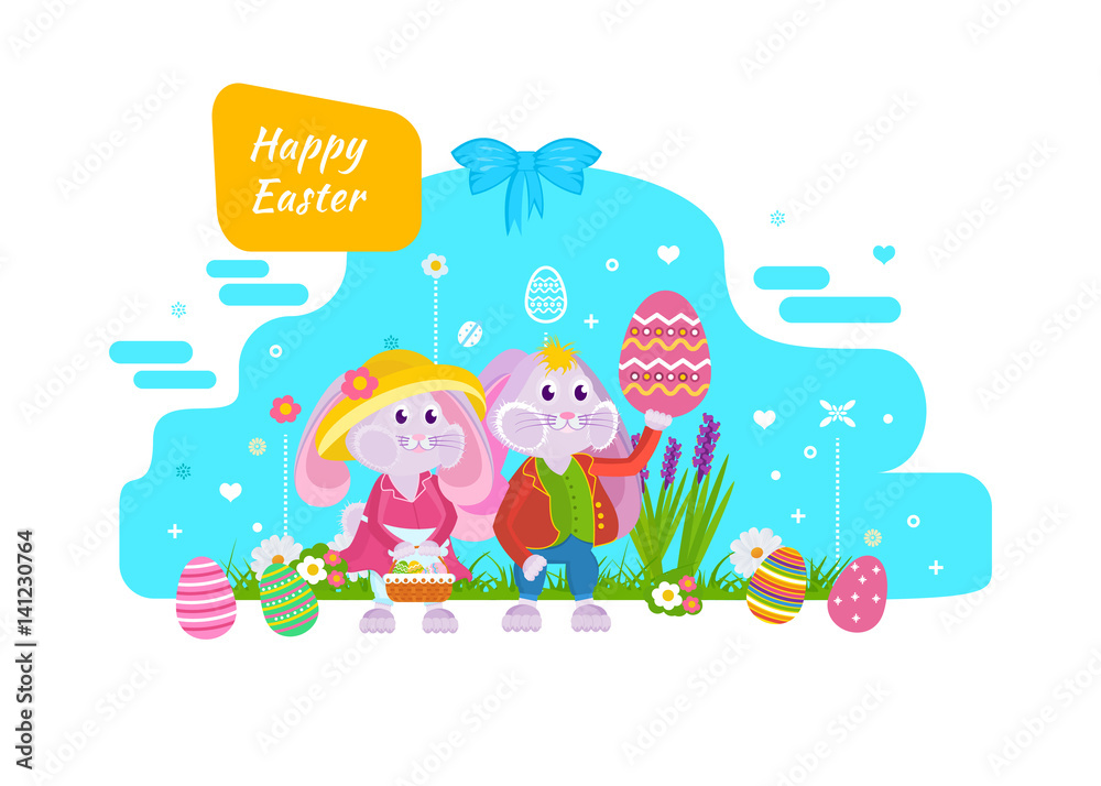 Cute bunnies with an Easter basket and eggs in hand.