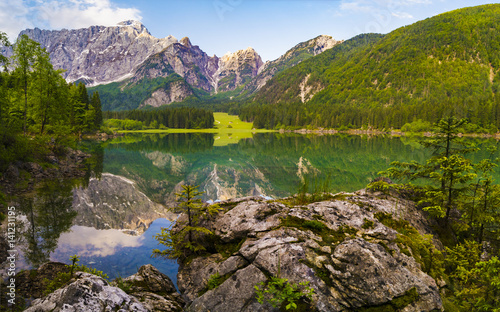 Fototapeta Naklejka Na Ścianę i Meble -  Mountain lake in the morning, Laghi di Fusine in the Julian Alps, Italy