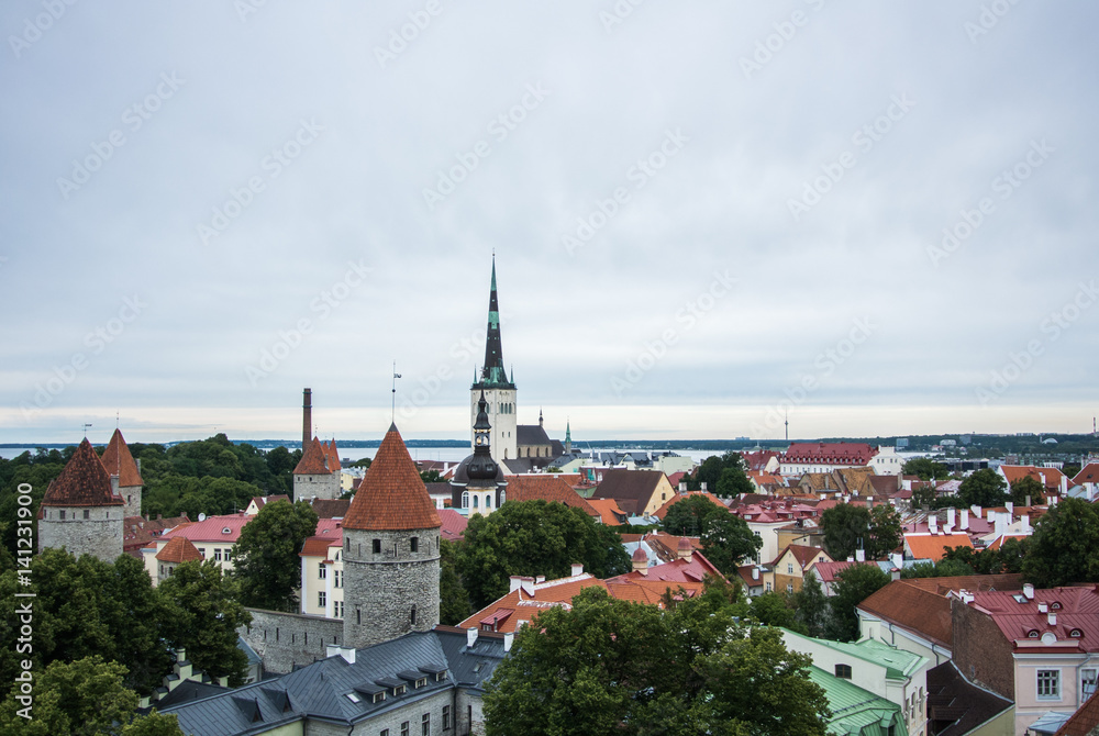 Panoramic view over the roofs of Old Town of Tallinn, Estonia.