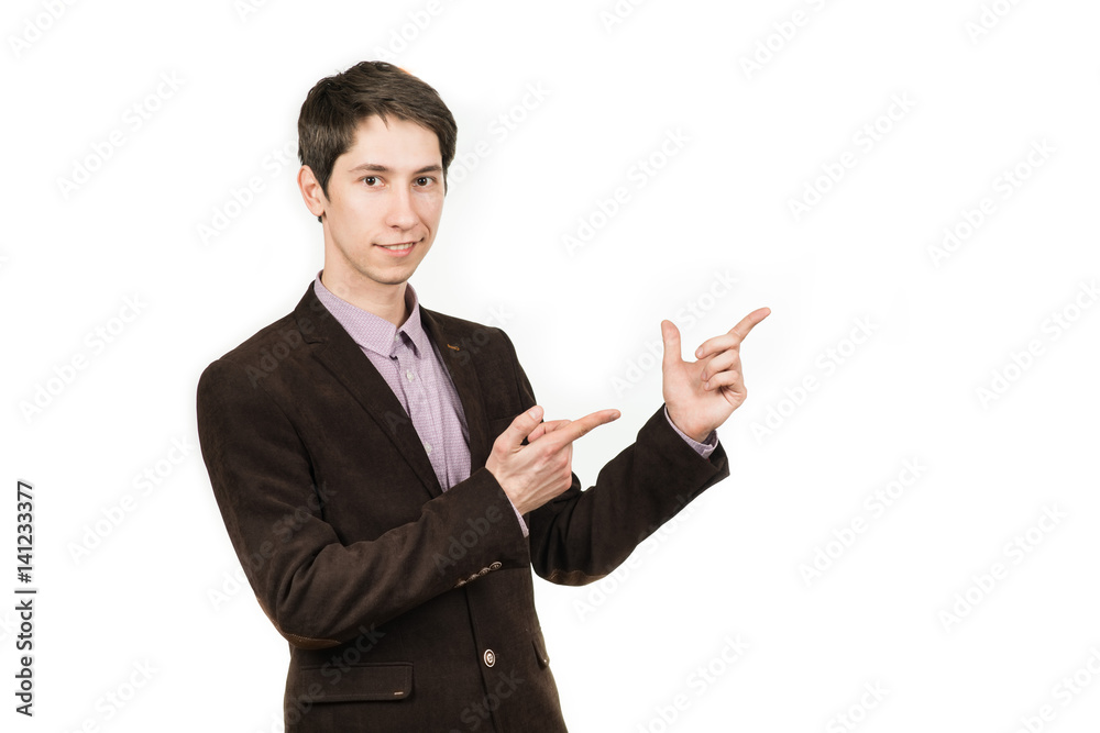 Happy businessman pointing his finger up in the brown suit Happy businessman pointing his finger up in the brown suit