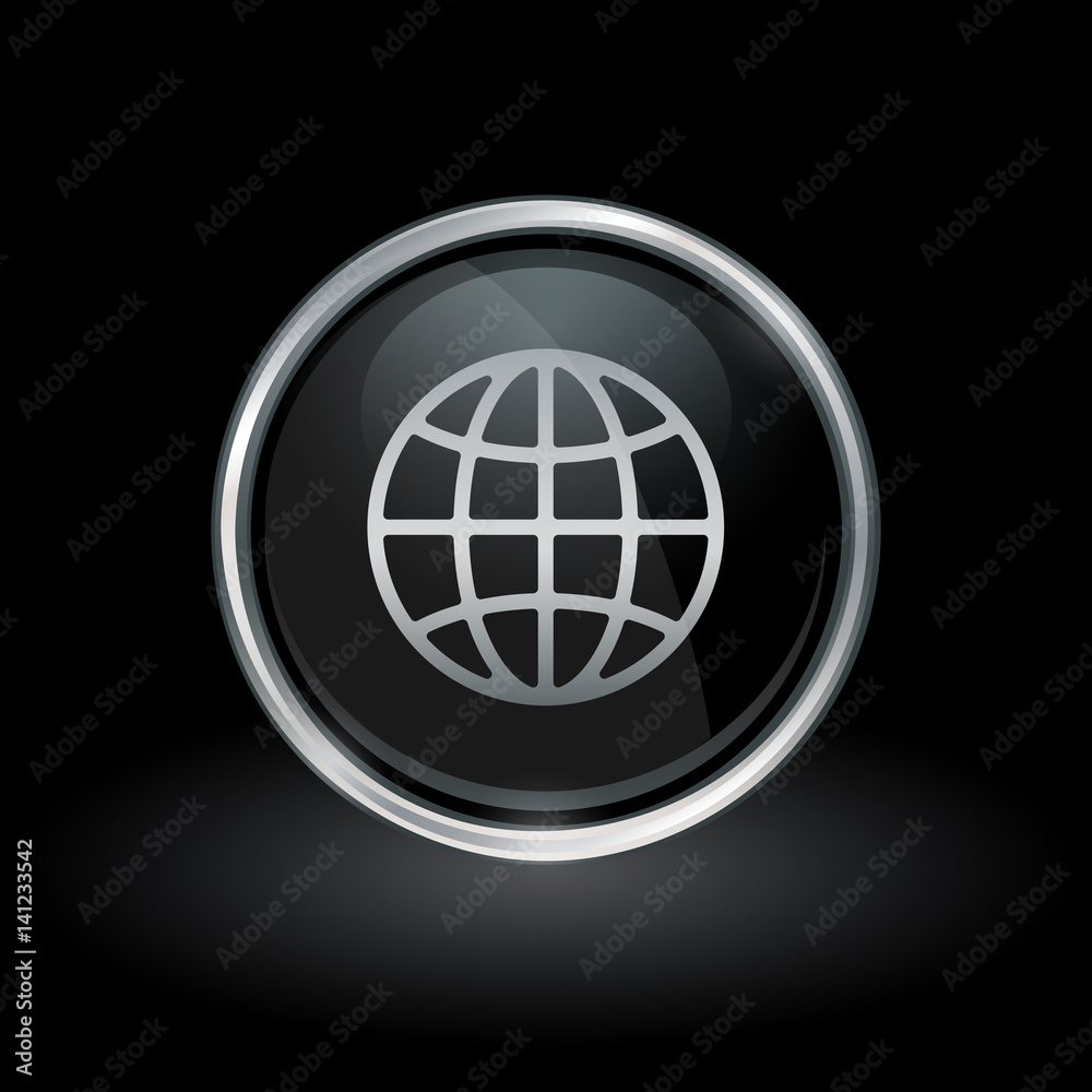 Global network symbol with world globe icon inside round chrome silver and black button emblem on black background. Vector illustration. Global network symbol with world globe icon inside round chrome silver and black button emblem on black background. Vector illustration.