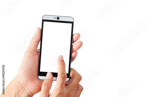 Hand male holding and touch smartphone, blank screen isolated on white background.