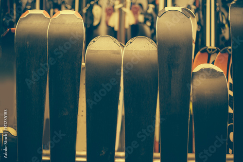 Skis exposed in the rental winter shop