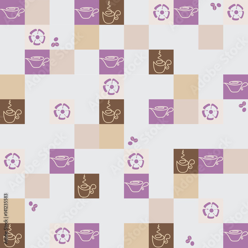 Checkerboard. Coffee in squares. A light background. Seamless pattern. Design for textiles, tapestries, paper packaging, bags, napkins. Drawing in pastel colours. 