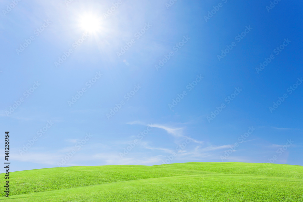 Green grass field and beautiful blue sky with clouds background.