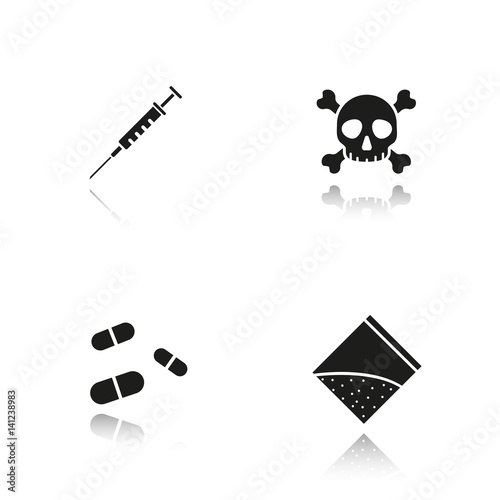 Drugs drop shadow black icons set