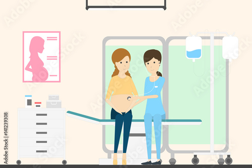 Examination of pregnant woman. Prenatal clinic with female gynecologist and female patient.