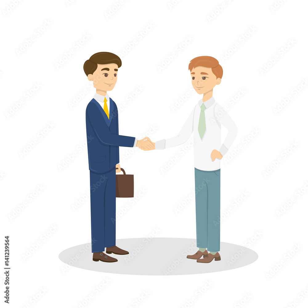 Hand shaking of businessmen. Two handsome men stand on white backgrond and shake hands in agreement. Hand shaking of businessmen. Two handsome men stand on white backgrond and shake hands in agreement.
