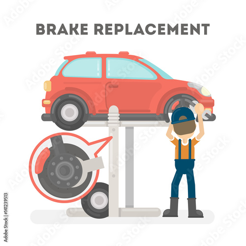 Brake replacement on white background. Car service.