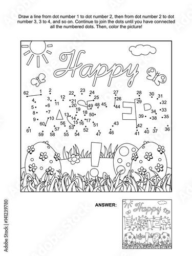 Easter themed connect the dots picture puzzle and coloring page with greeting and painted eggs. Answer included.

