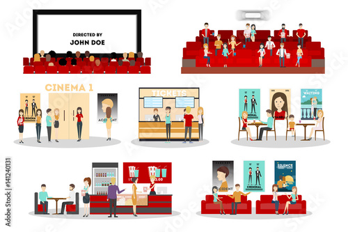 Cinema interior set. Screen and rows with audience, tickets and posters, cinema bar. isolated icons on white background.
