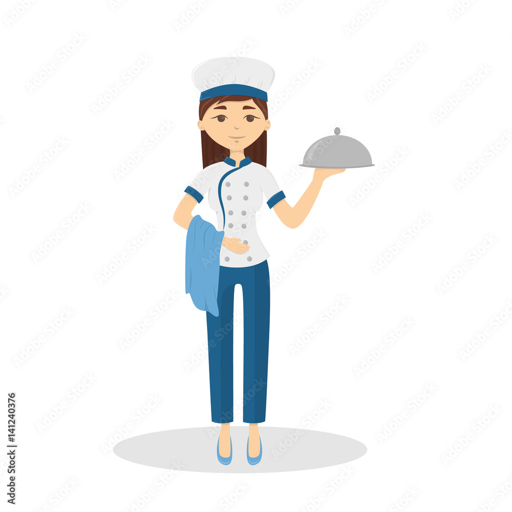 Isolated female chef on white background. Beautiful woman n uniform and hat holds the dish. Isolated female chef on white background. Beautiful woman n uniform and hat holds the dish.