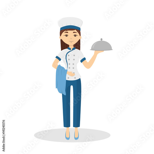 Isolated female chef on white background. Beautiful woman n uniform and hat holds the dish.
