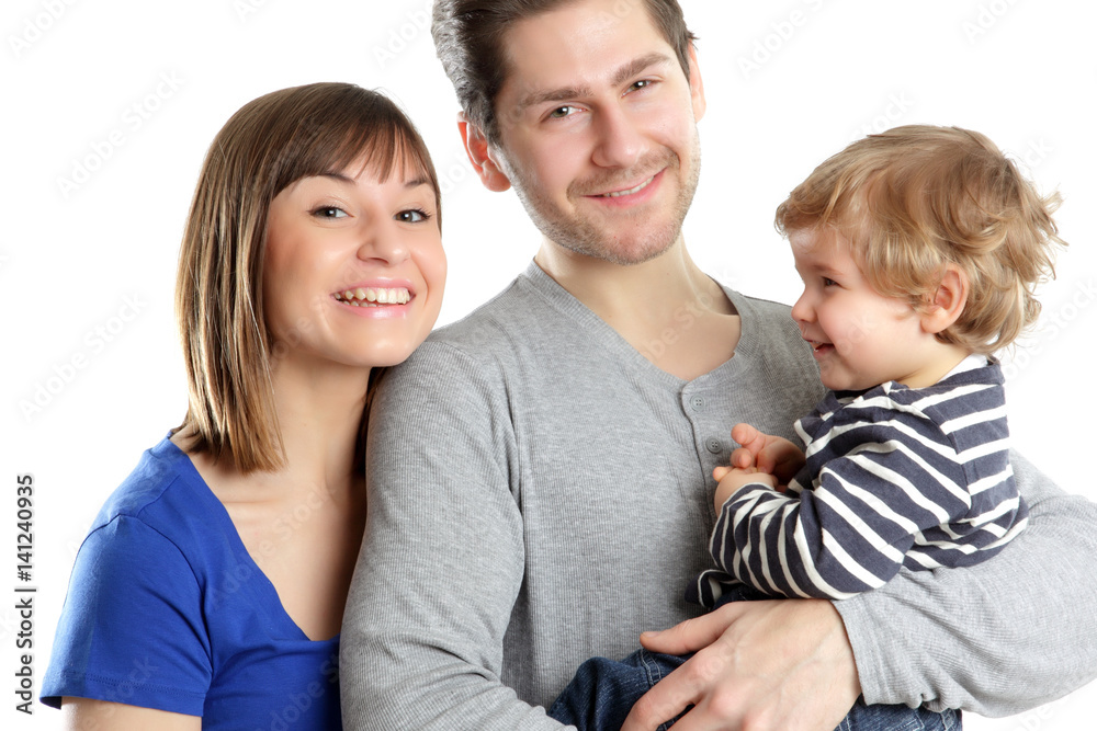Happy Young Family, Isolated on White Background, cut-out, Portraits Happy Young Family, Isolated on White Background, cut-out, Portraits