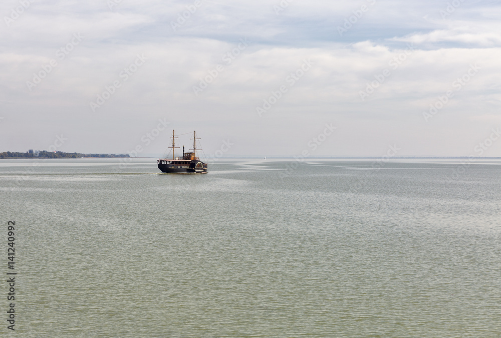 Lake Balaton landscape with tourist ship, Hungary.