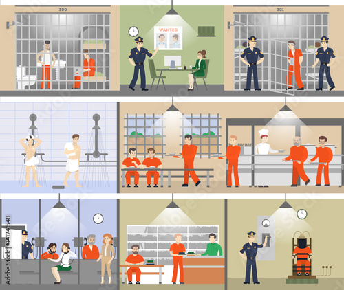 Jail interior set. Prison room with bars and prisoners. Shower and canteen. Electric chair.