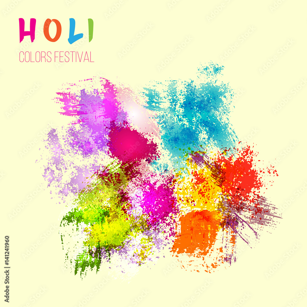 Indian festival Holi celebration card with colorful watercolor splash background