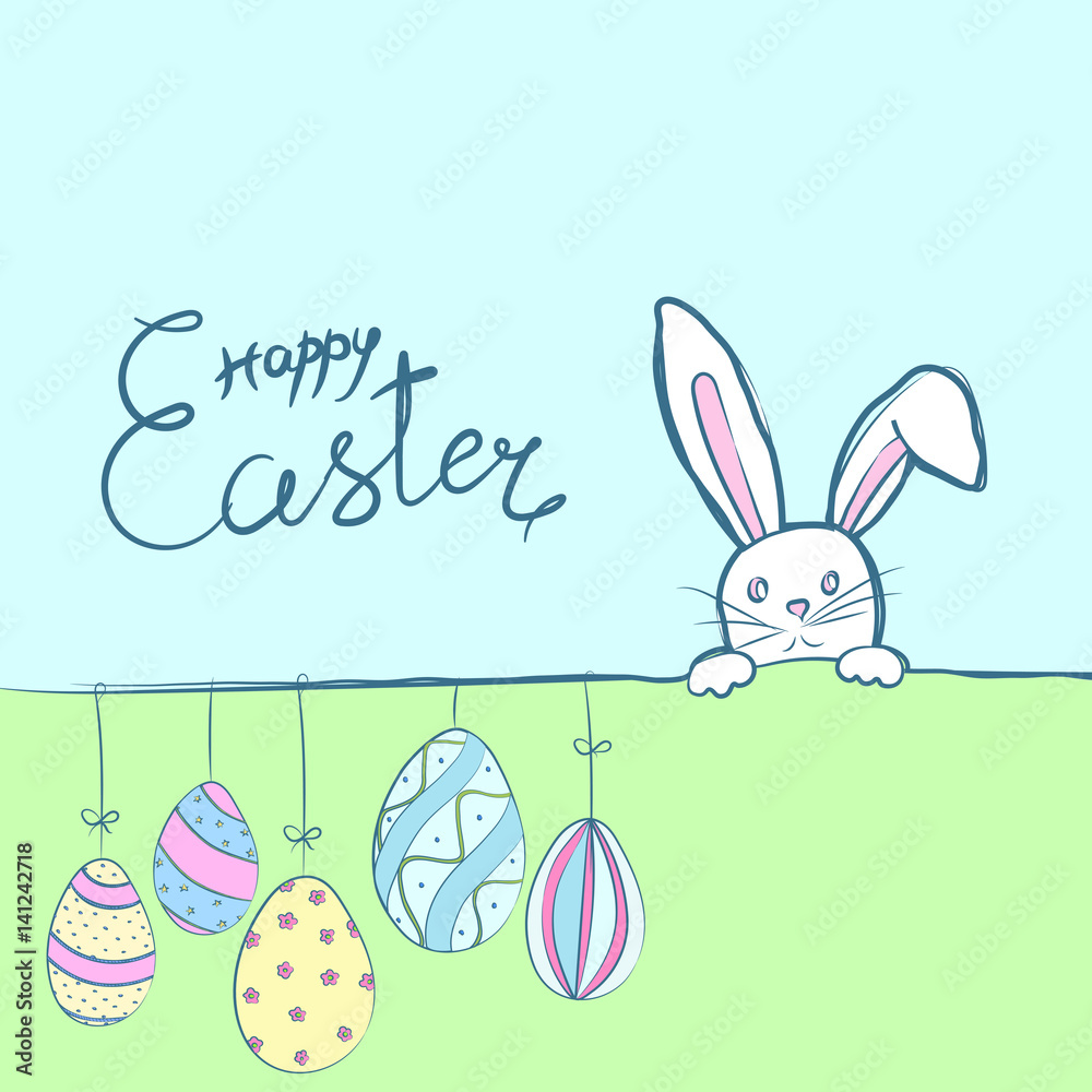 Happy easter card with rabbit bunny ears, hanging eggs