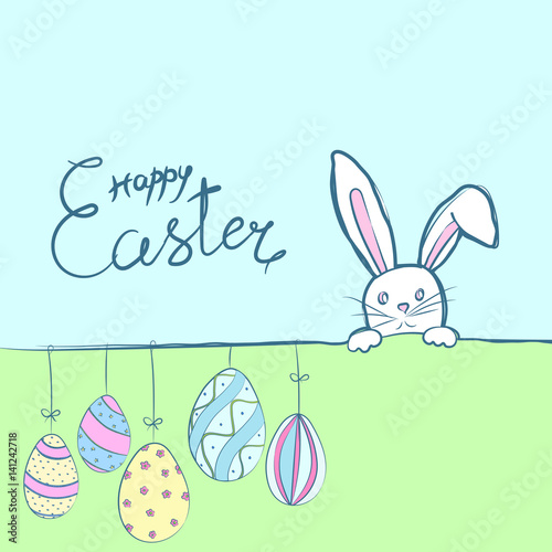 Wallpaper Mural Happy easter card with rabbit bunny ears, hanging eggs Torontodigital.ca