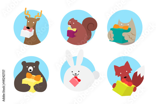 Vector illustration icon set of woodland animals holding gift box