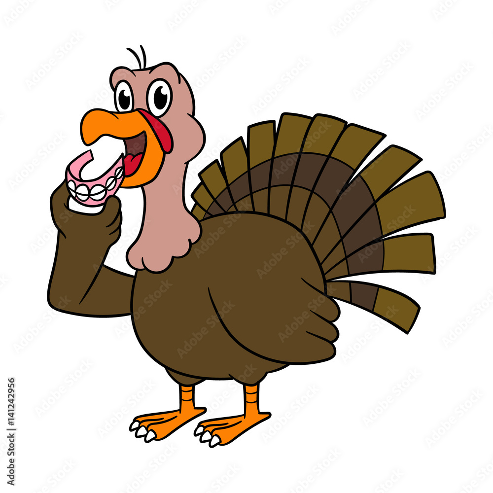Cartoon Turkey Holding Dentures Vector Illustration Stock Vector