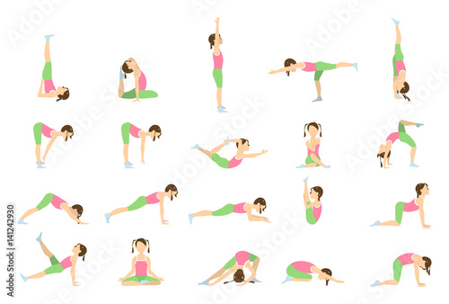 Yoga for kids. Isolated poses and asanas for children on white background.