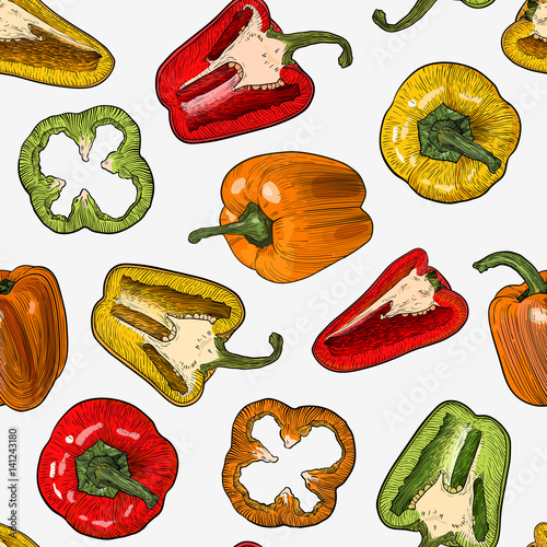 Seamless pattern with hand drawn sketch style peppers isolated on white background.