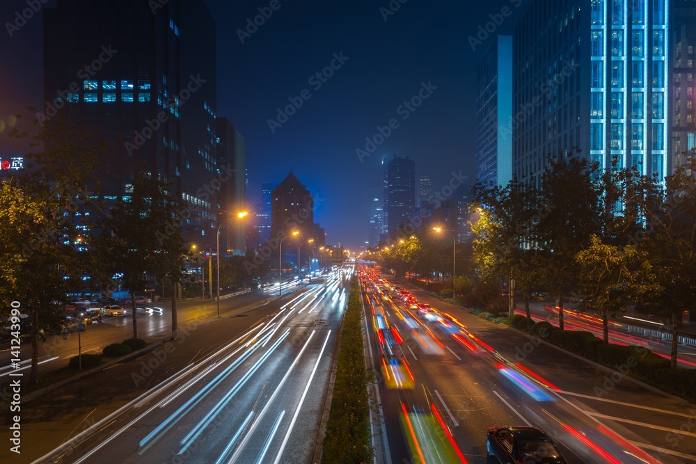 Light trails on motorway highway at night