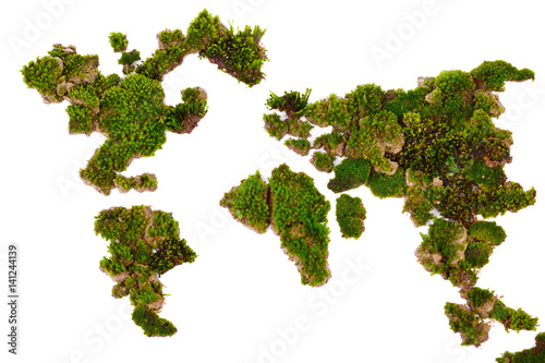 Map world made from green moss isolated on white background.