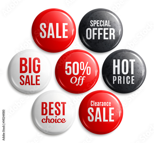 Set of glossy sale buttons or badges. Product promotions. Big sale, special offer, hot price, best choice, 50 percent off. Vector.