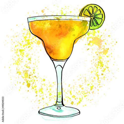 Vector and watercolour Margarita cocktail with texture on white