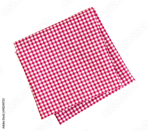 Checkered red and white napkin or folded tablecloth isolated on white background, clipping path included