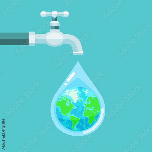 Water tap with the Earth globe inside water drop on blue background