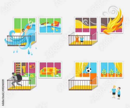 Set of illustrations on the theme of property insurance against accidents