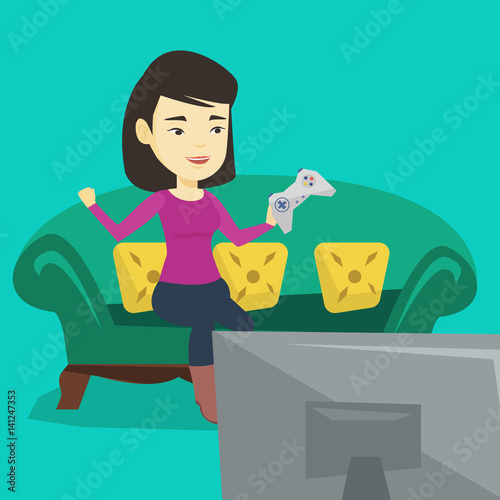 Woman playing video game vector illustration.