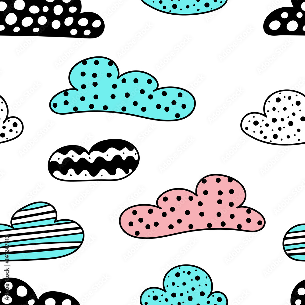 Soft clouds seamless background. Dotted, striped and wavy childish application cloud pattern for card, wallpaper, album, scrapbook, holiday wrapping paper, textile fabric, garment, t-shirt design etc.