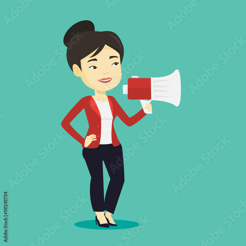 Young woman speaking into megaphone.