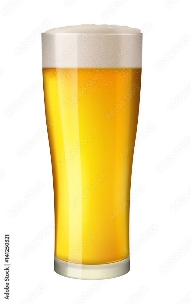 Cold beer in tall glass. Alcohol beverage in mug. Pint of gold lager with foam. Pub symbol. Excellent photo-realistic vector illustration isolated on white background Cold beer in tall glass. Alcohol beverage in mug. Pint of gold lager with foam. Pub symbol. Excellent photo-realistic vector illustration isolated on white background
