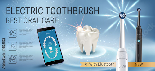 Electric toothbrush ads. Vector 3d Illustration with vibrant brush and mobile dental app on the screen of phone.