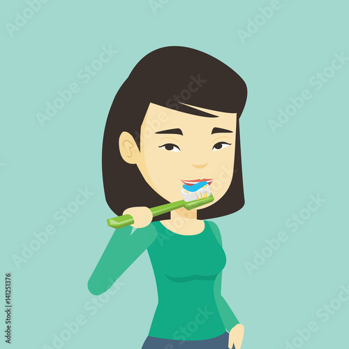 Woman brushing her teeth vector illustration.