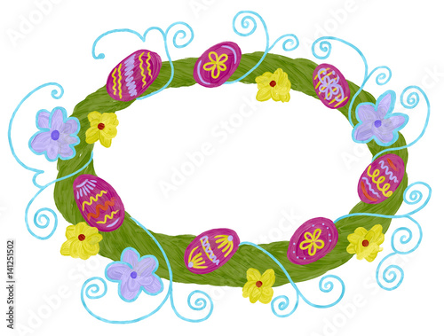 Hand drawn easter floral frame as banner or for logo design on the white background. Isolated illustration painted by oil color, high quality