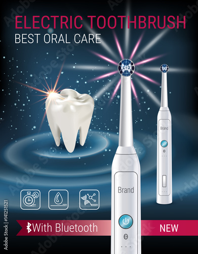 Electric toothbrush ads. Vector 3d Illustration with vibrant brush and tooth.