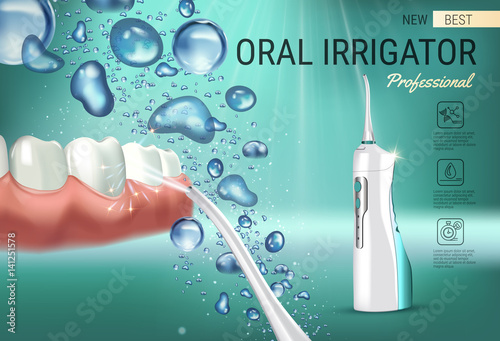Electric Oral Irrigator ads. Vector 3d Illustration with Portable Water Pick Flosser.