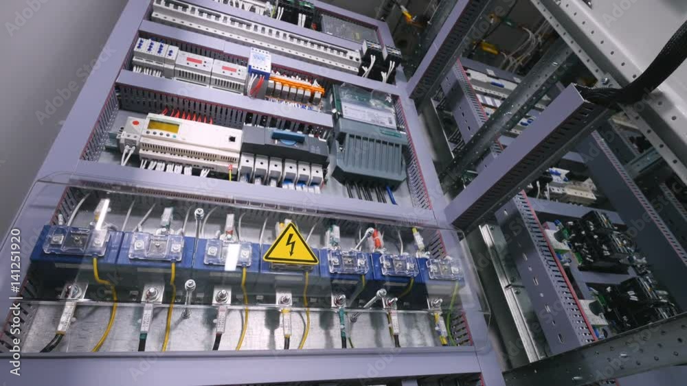 New type Trip Switch Fuse box seamless CG animation. All switches being turned off. Electricity, power, fuse related.