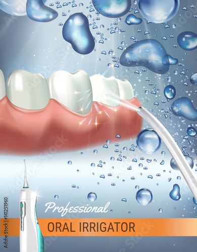 Electric Oral Irrigator ads. Vector 3d Illustration with Portable Water Pick Flosser.