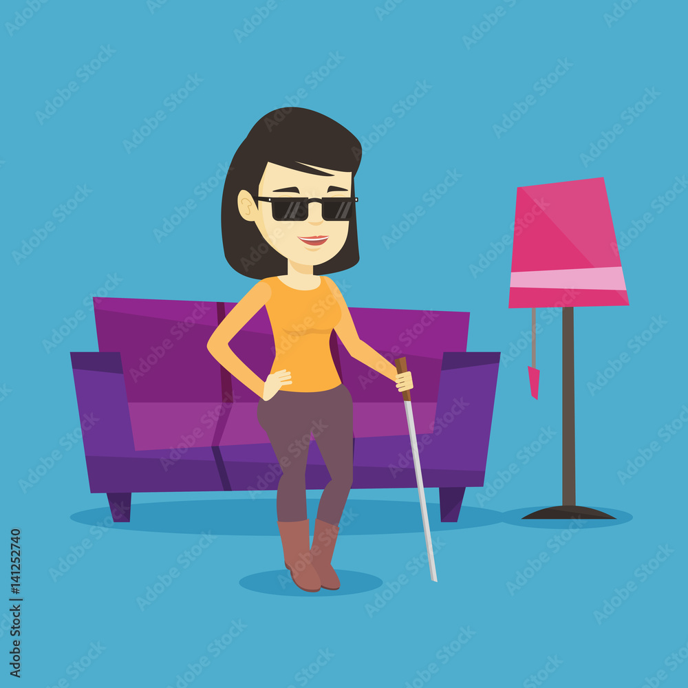 Blind woman with stick vector illustration.