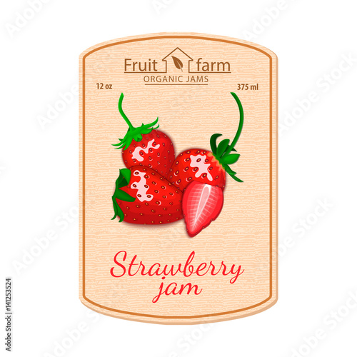 Vector strawberry jam lable. Composition of strawberry fruits. Design of a sticker for a jar with strawberry jam, berry marmalade, juice, smoothies. Sticker in retro style with texture for your design